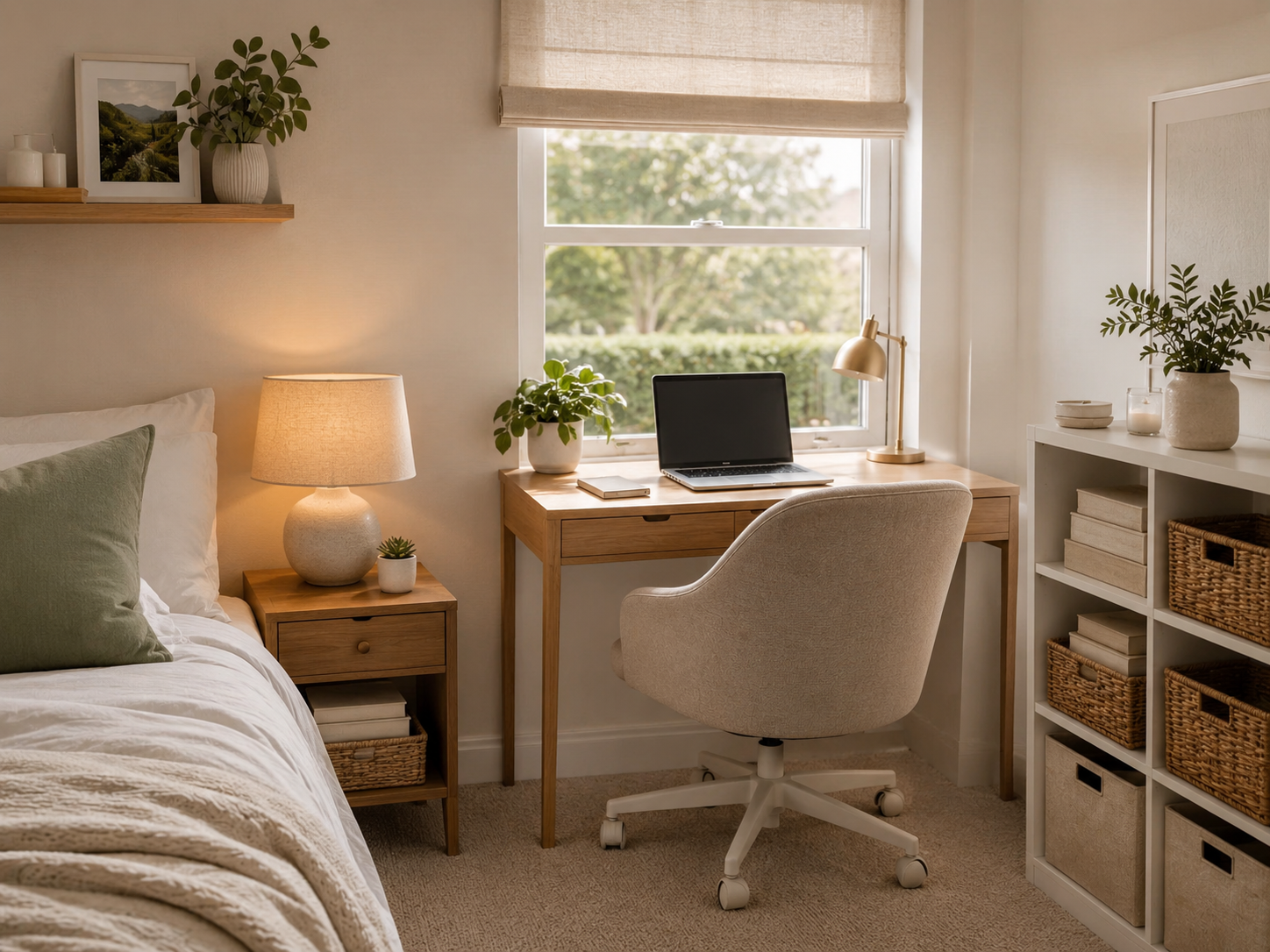 A small bedroom with a tidy home-office desk, laptop and woven storage