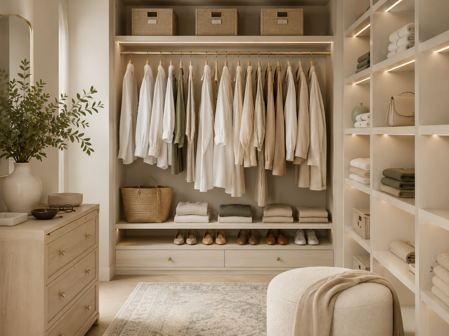 An organised walk-in wardrobe with neatly arranged neutral clothing and woven baskets