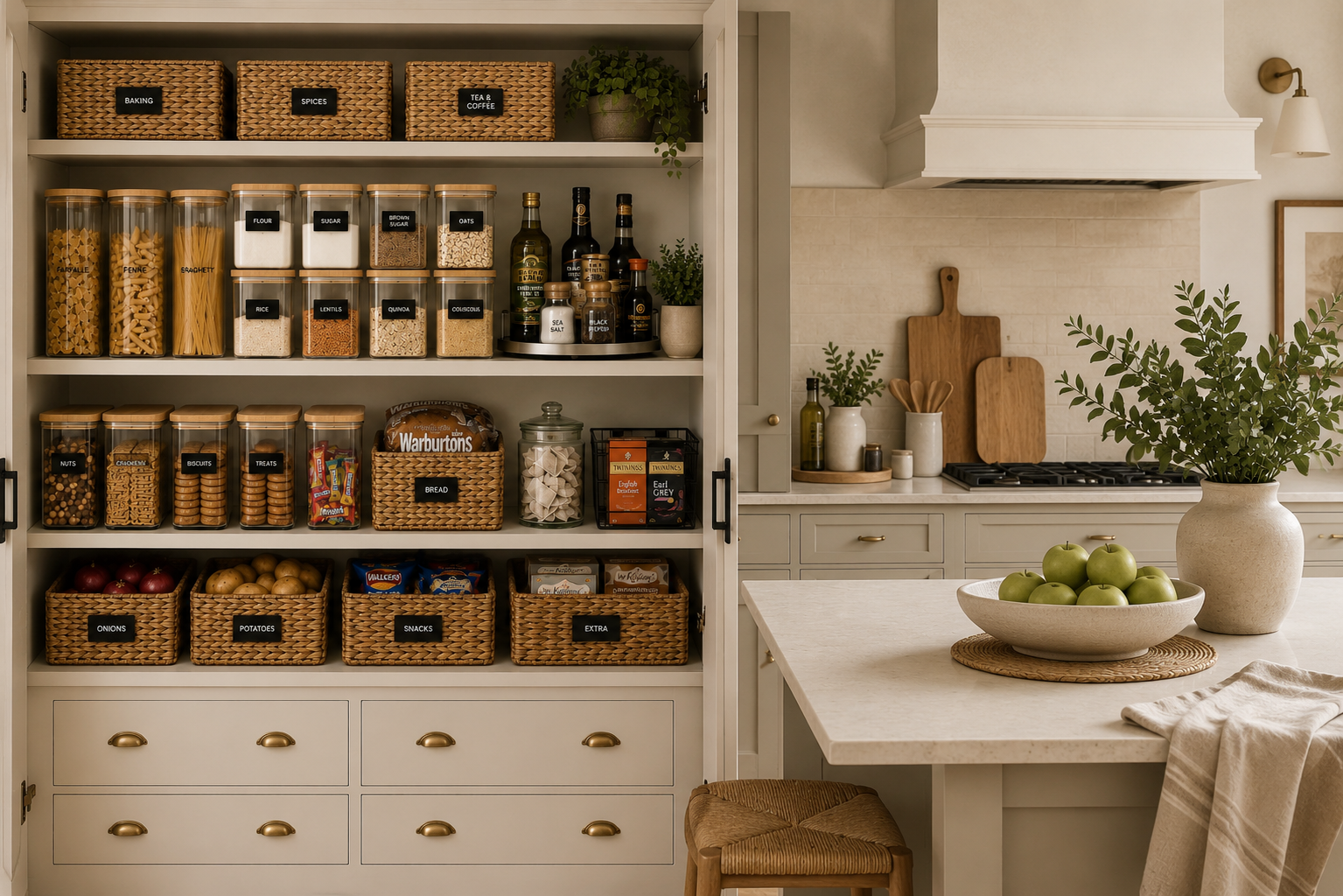 A labelled pantry cupboard of baskets and glass jars beside a calm neutral kitchen