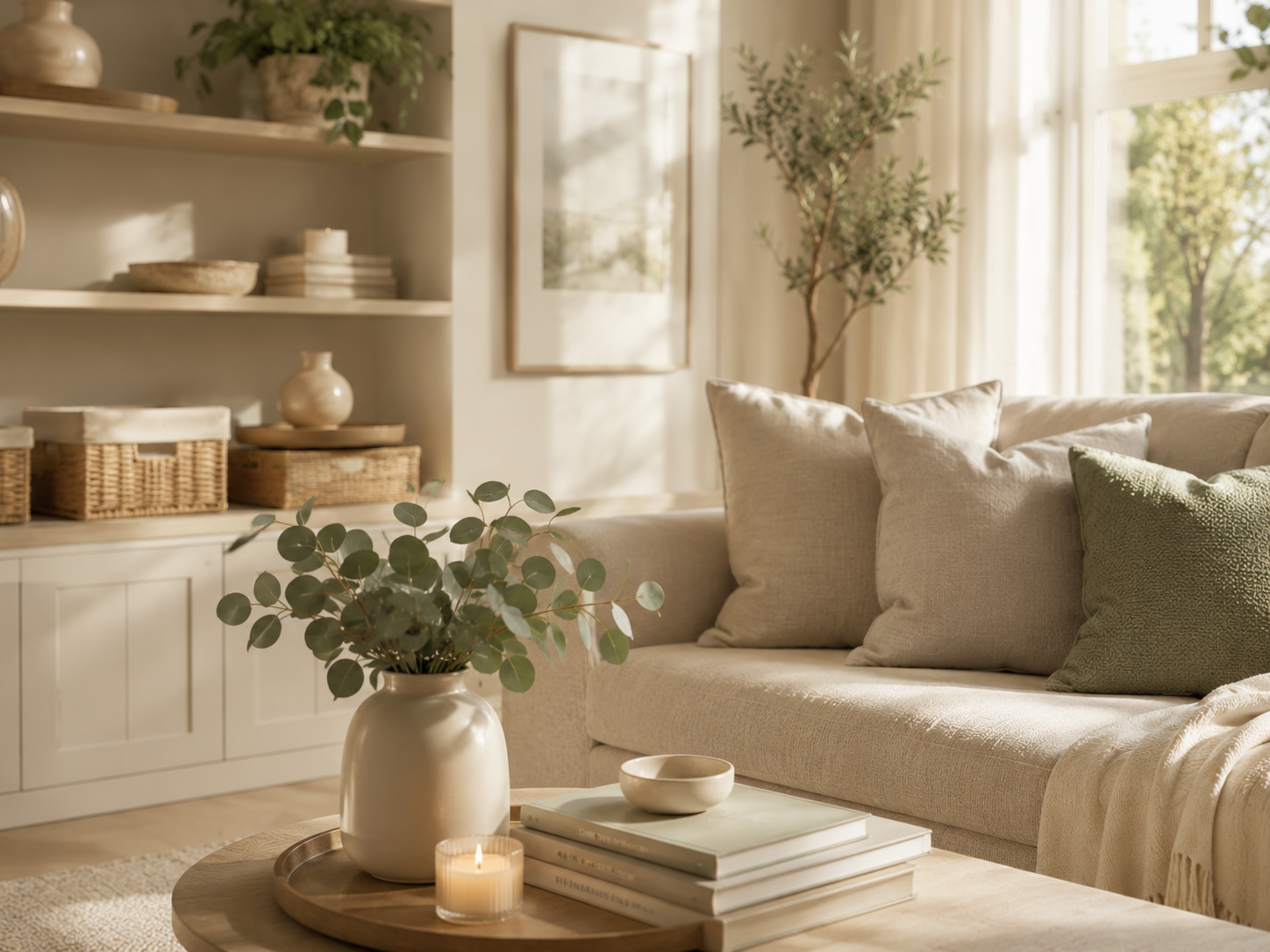 A calm, light-filled living room with soft neutral furnishings and greenery