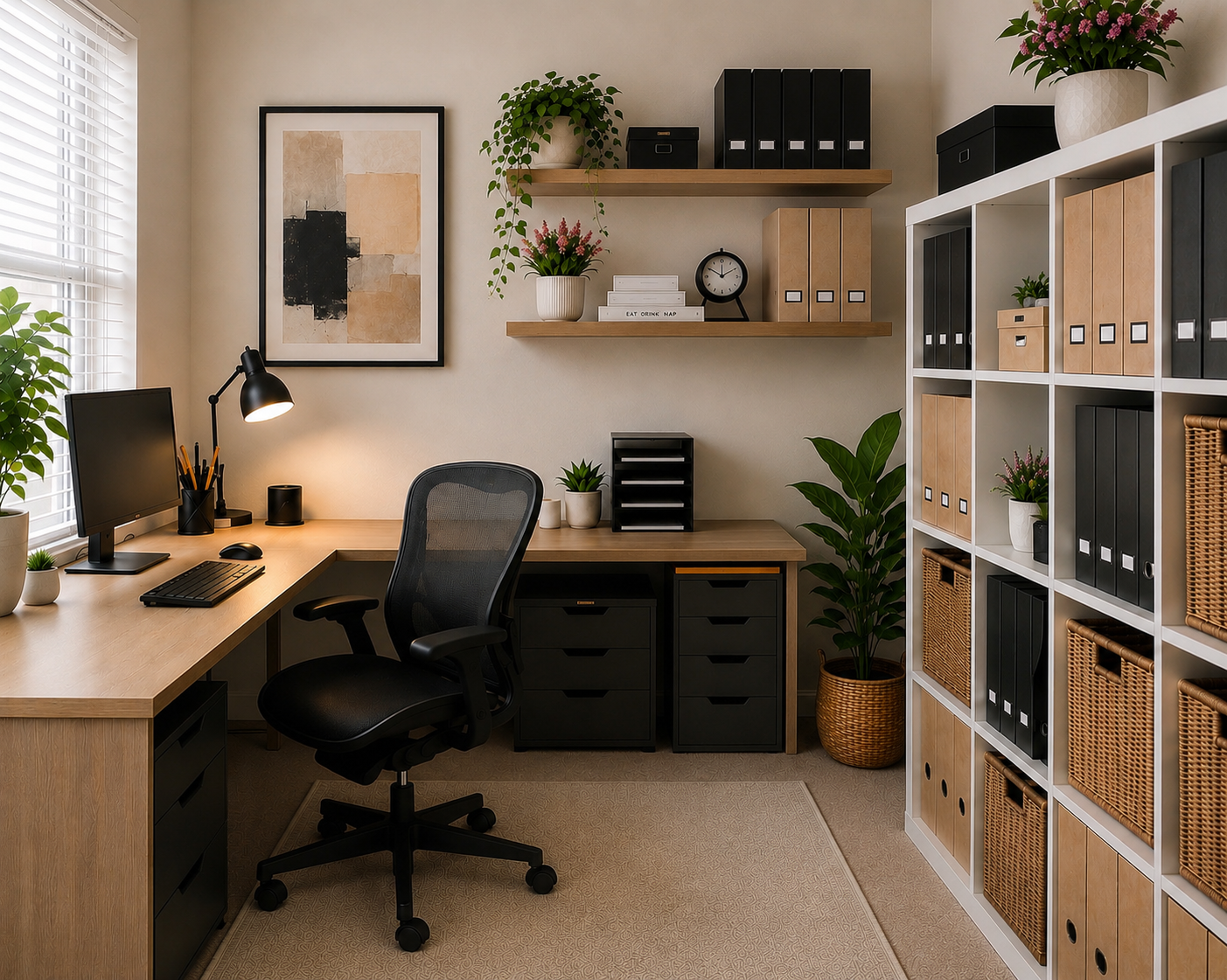 An organised home office with labelled box files, woven baskets and a clear desk