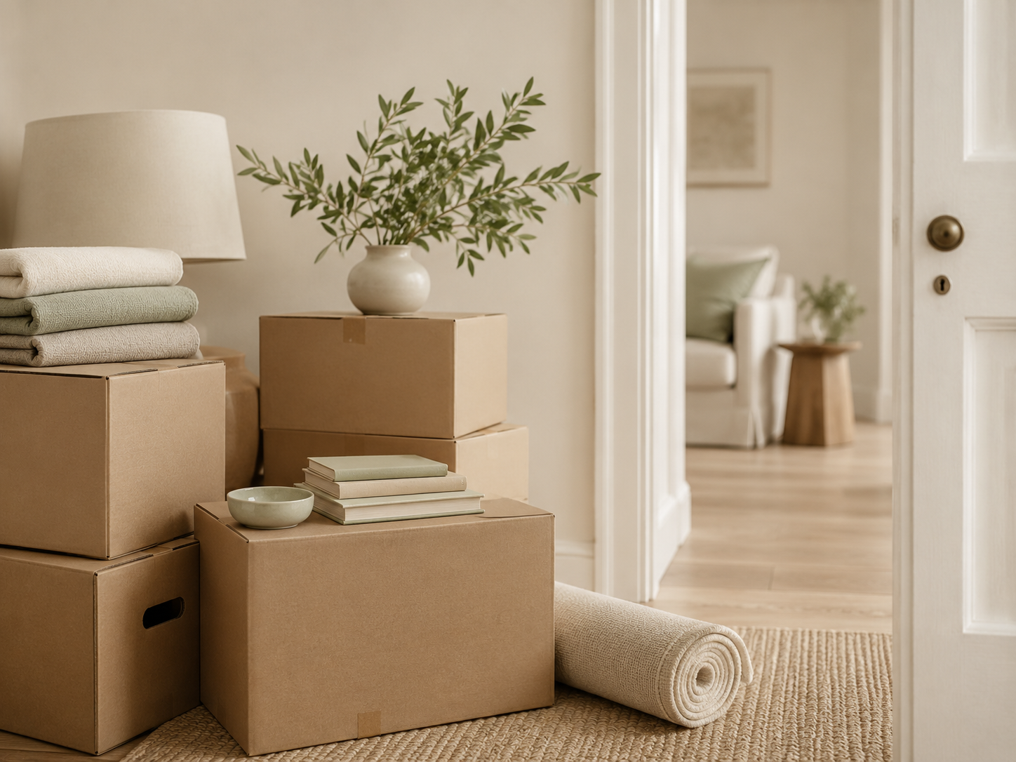 Neatly packed moving boxes with linens and greenery in a calm hallway