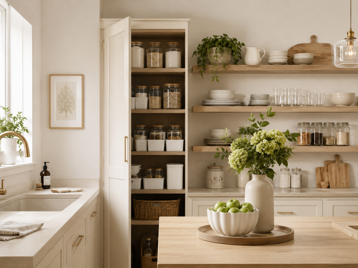 A bright, organised kitchen pantry with labelled jars and open shelving