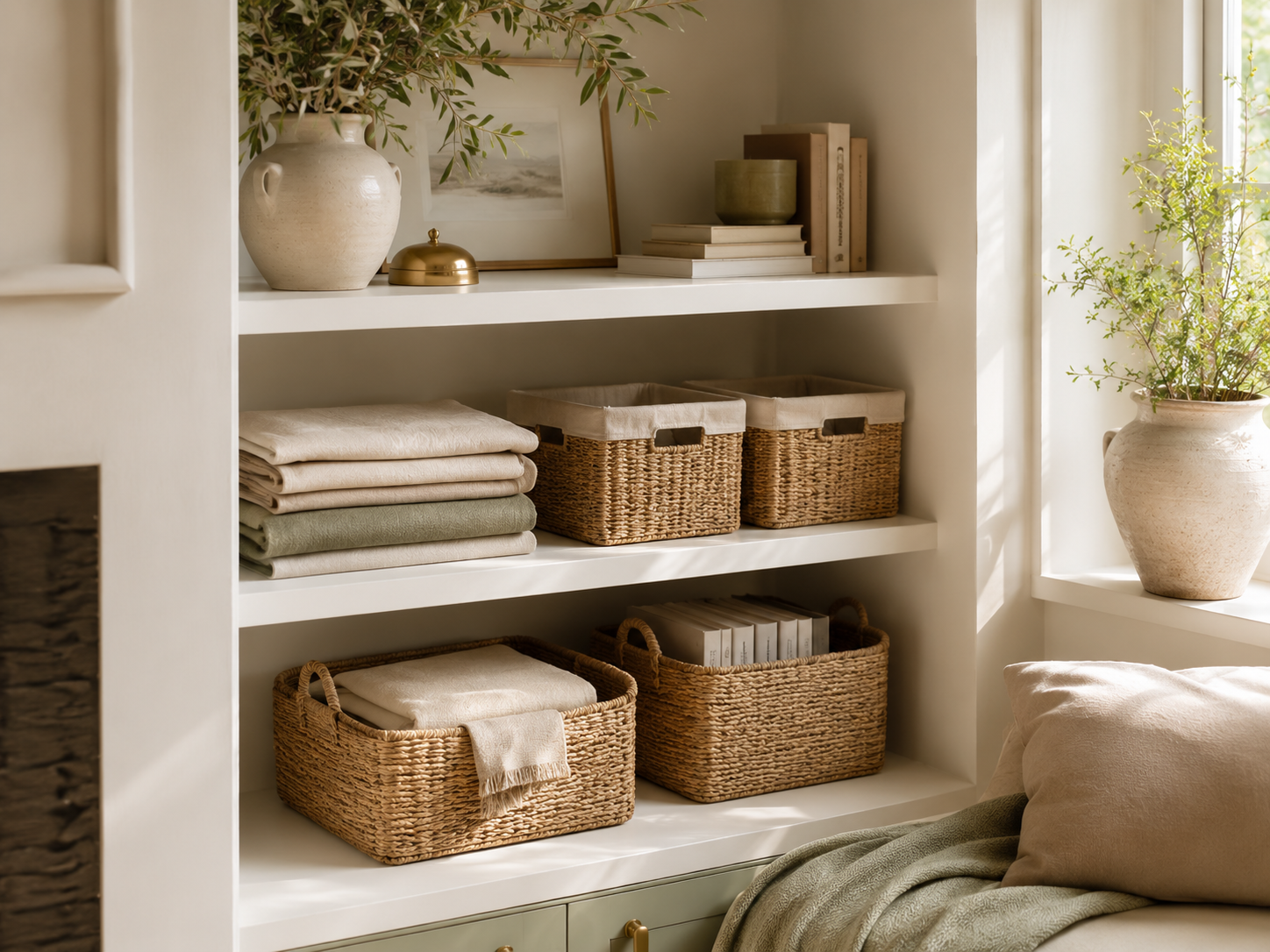 Styled living-room shelving with woven baskets, folded linens and greenery